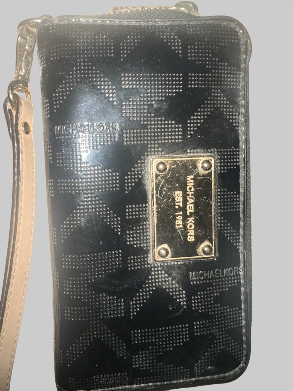 Michael Kors Black and Tan Logo Wristlet Wallet with Gold Plaque